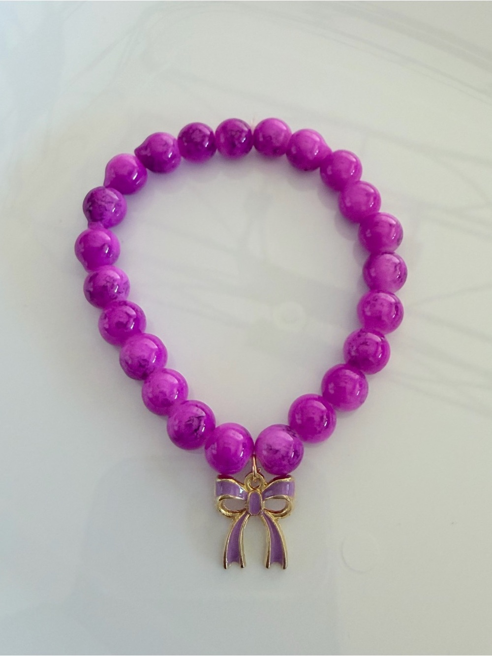 Purple Beaded Bracelet with Gold Bow Charm - Women Jewelry